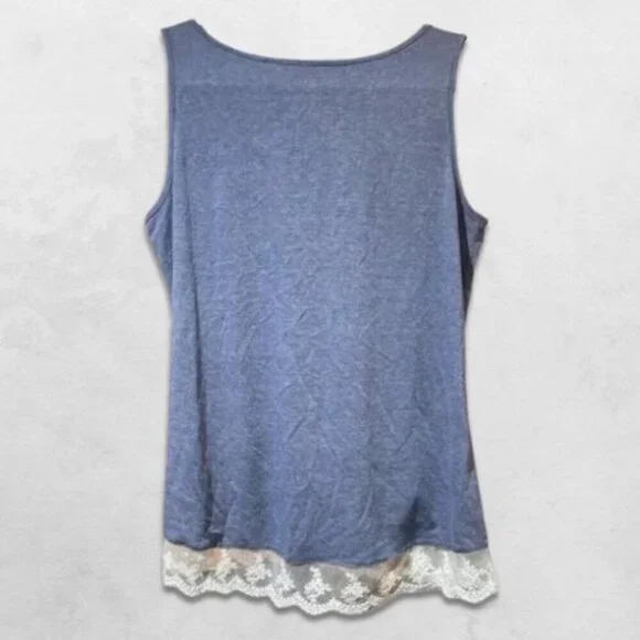 Flowy Tank Top Lace Hemline Relaxed Fit Lightweight Blue White Women's Medium - Picture 2 of 2